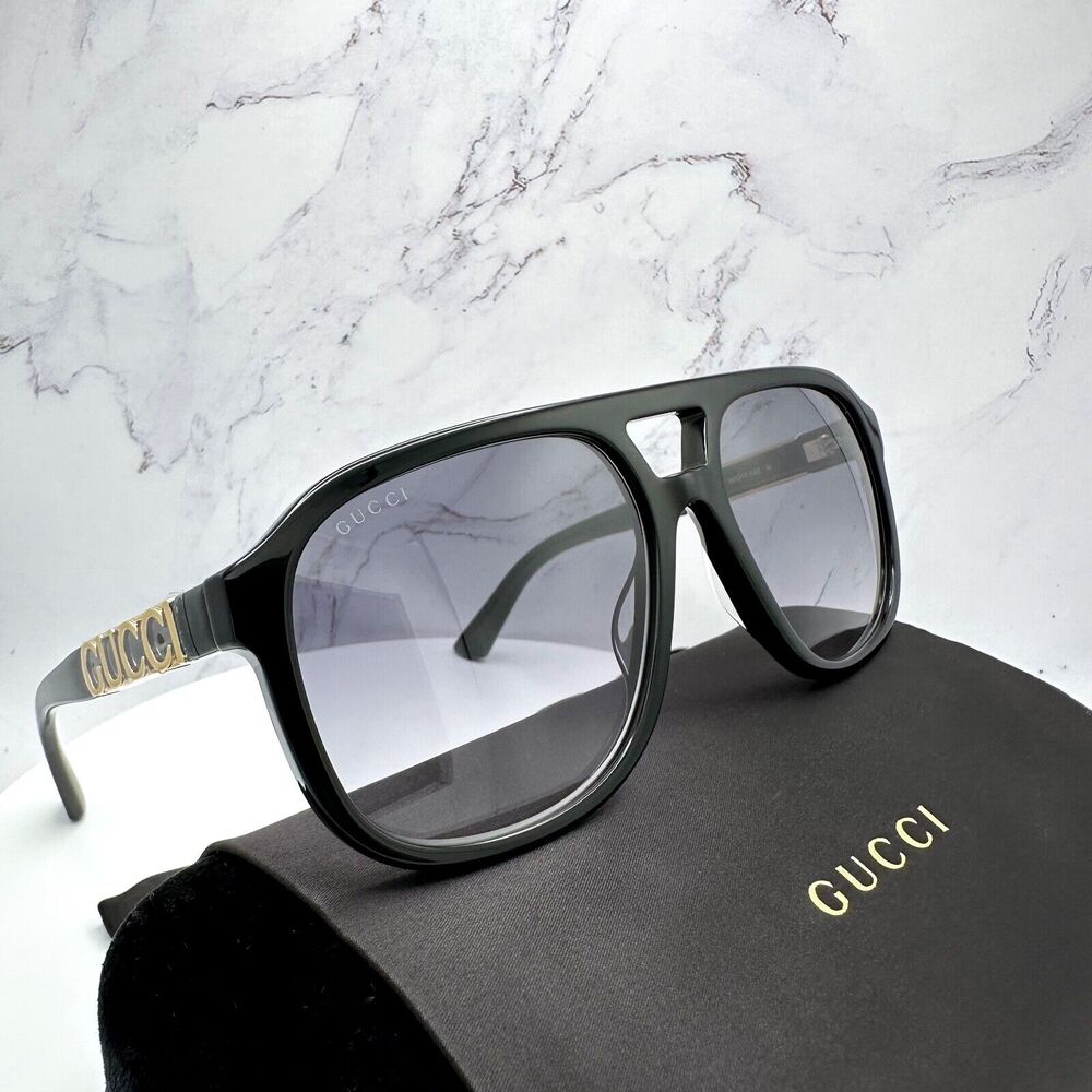 New GUCCI Sunglasses Black Acetate Pilot Aviator 58mm Navigator Gold Metal Logo - Picture 2 of 16